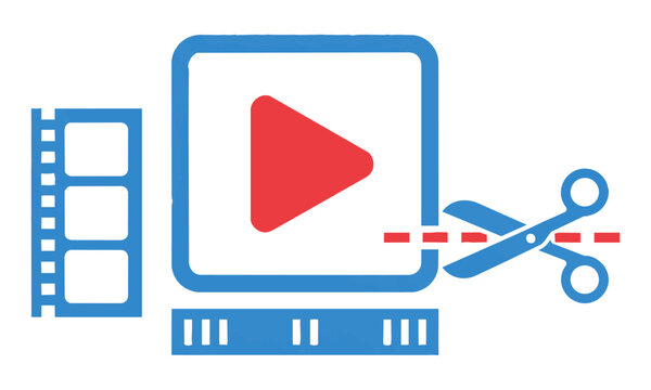 Digital video editing icon with play button and playback timeline symbols in a flat geometric design for a modern multimedia production concept