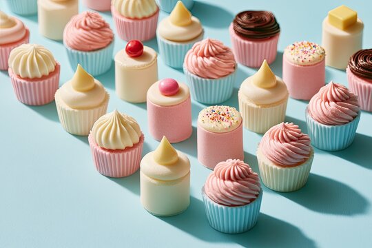Rows of decorative, bite-sized confections on a pastel background