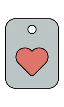 Clean monoline icon of a rounded square tag with a stylized heart and hanging hole, isolated on white. Minimalist design concept