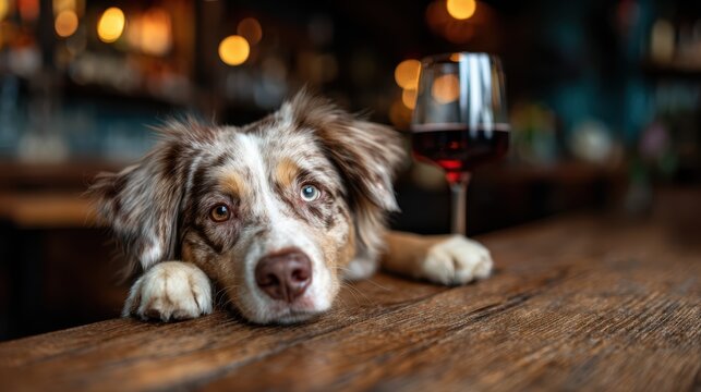 An adorable dog perches at a rustic bar, gazing with a hopeful expression, perfectly capturing the blend of companionship, relaxation, and social enjoyment.