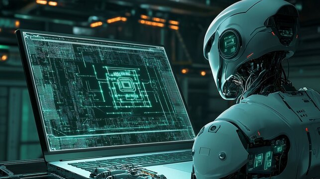 futuristic robot intently analyzes complex circuit board schematics displayed on a laptop screen, showcasing advanced technology and artificial intelligence