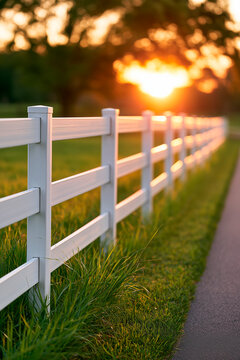White fence along paved path in park at golden hour