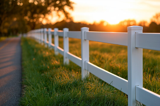White fence along paved path in park at golden hour