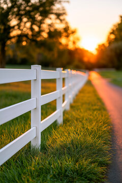 White fence along paved path in park at golden hour