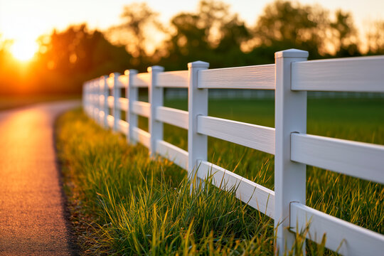 White fence along paved path in park at golden hour