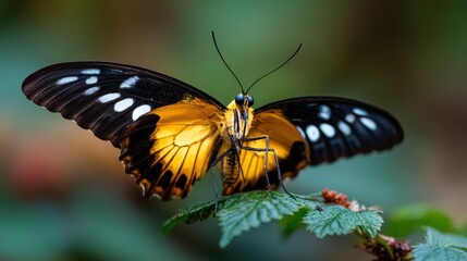 Fototapeta premium A beautiful butterfly with striking orange and black wings rests delicately on a green leaf, showcasing nature's stunning colors and patterns in a close-up view.