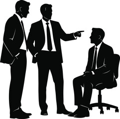 Fototapeta premium Three suited businessmen engaged in a discussion with one seated and being pointed at by another
