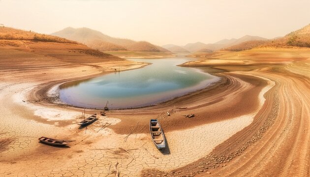 Aerial view of a severe drought landscape featuring a shrinking blue lake, deeply cracked brown earth, and stranded wooden boats. The hazy, arid setting vividly illustrates extreme climate impacts.
