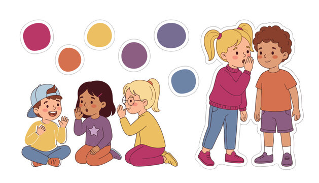 Children whispering vector illustration set. Cartoon kids, friends sharing secrets, gossiping, talking, listening and communication elements.