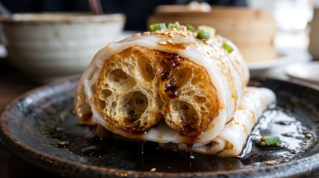 Steamed Rice Noodle Roll Wrapped Around Crispy Chinese Fried Dough Stick Drizzled with Sweet Soy Sauce and Sesame Seeds Close-Up