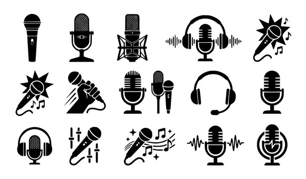 Modern microphone icon collection with vintage recording podcast karaoke and radio broadcast silhouette vectors