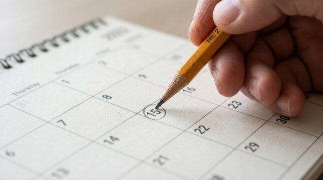 Hand circling fifteenth day on monthly calendar with lead pencil for appointment reminder and schedule plan.