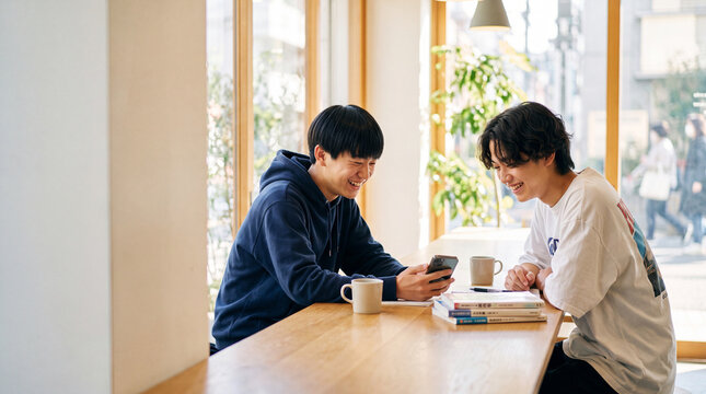 カフェで教科書を開きスマホを見て笑う20代の男子学生 ｜ 温かみのある光
