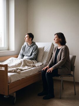 Krankenbesuch am Fenster mit gemeinsamem Schweigen in Halbtotale