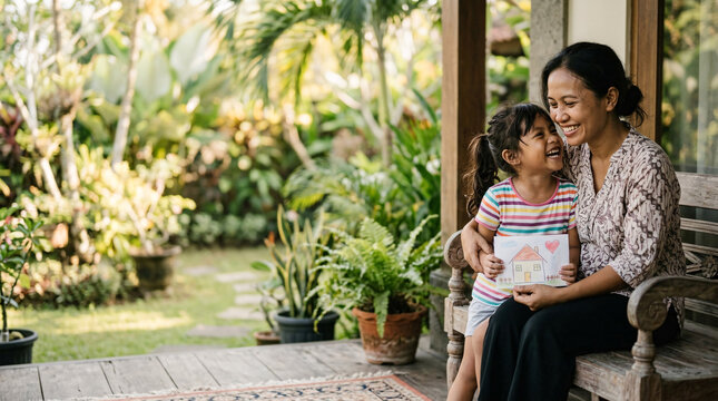 A warm embrace shared between a mother and daughter on a porch surrounded by lush greenery evokes feelings of love and belonging, capturing a tender moment of family connection.