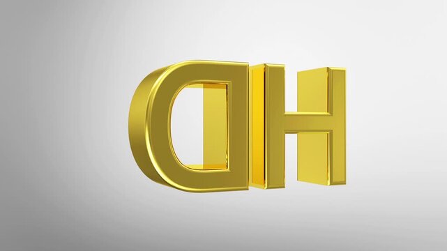 Rotating gold HD letters spin in place on a clean light gray background, revealing glossy metallic depth and reflective surfaces in a minimalist 3D animation