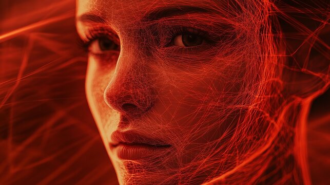 Dramatic portrait of a young woman's face illuminated by fiery red light, showcasing intricate web-like patterns and a captivating