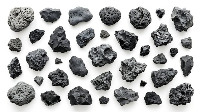 Set of black coal chunks and dark volcanic rock pieces