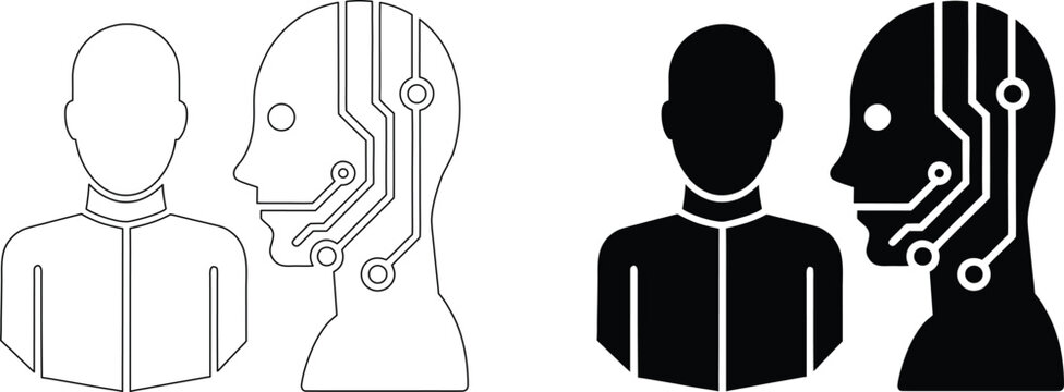 Set of two human head icons, black outline and solid black silhouette, with circuit board pattern on head.