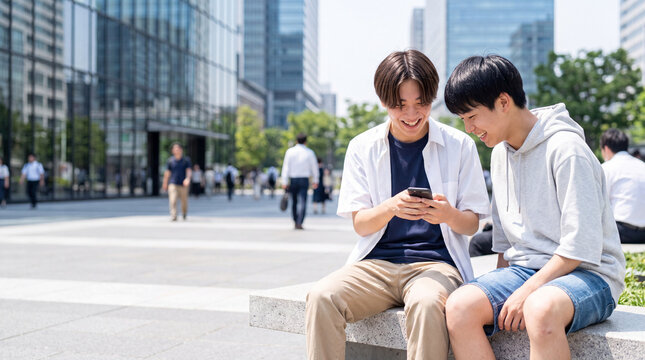 ベンチでスマホを見て楽しそうに話す20代の男子学生 ｜ ぼかし背景