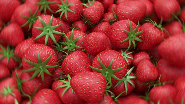 Close-up footage of ripe strawberries tumbling and shifting in a dense pile, showing red fruit, green leaves, and textured seeds in continuous motion, 3d Animation