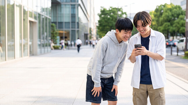 ベンチでスマホを見て楽しそうに話す20代の男子学生 ｜ ぼかし背景
