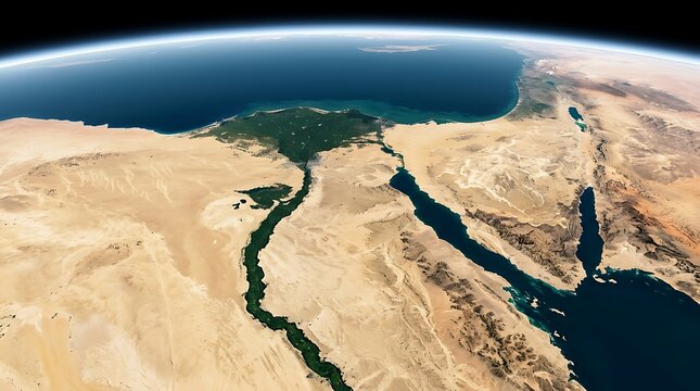 Aerial view of egypt and the nile river from space showing earth horizon