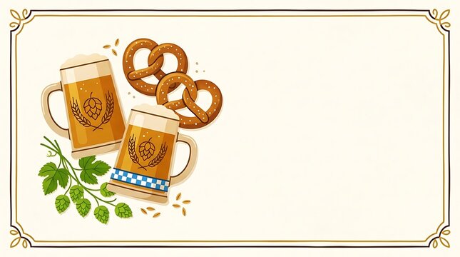 Traditional german beer mugs with pretzels and hops border