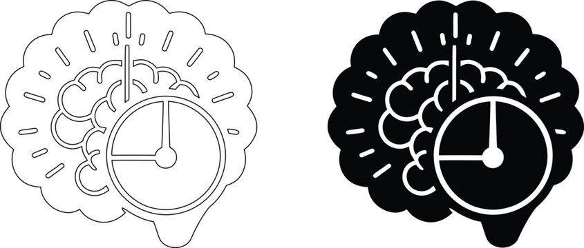 Brain and clock time management icon set representing mental speed productivity cognitive focus and efficient performance.