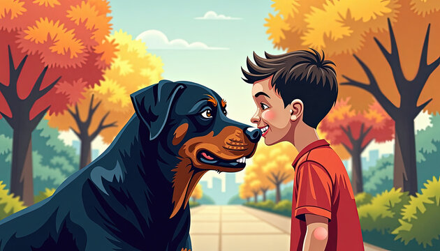 Cartoon boy and dog looking at each other in an autumn park. Vector illustration of a child and his pet dog nose to nose. Friendship and companion concept