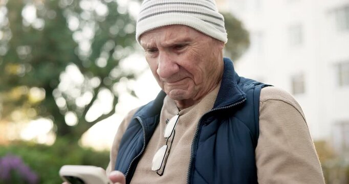 Typing, phone and reading with old man in nature for communication, retirement and contact. Connection, online pensioner update and text message with senior person and mobile outdoor for news