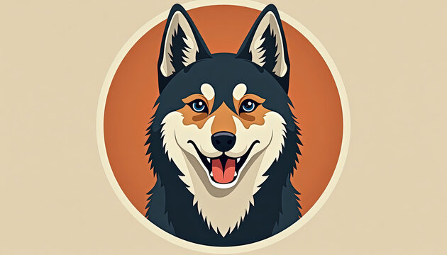 Vector portrait of a smiling Siberian Husky dog. Cartoon husky head icon in a circular frame. Pet avatar and logo design