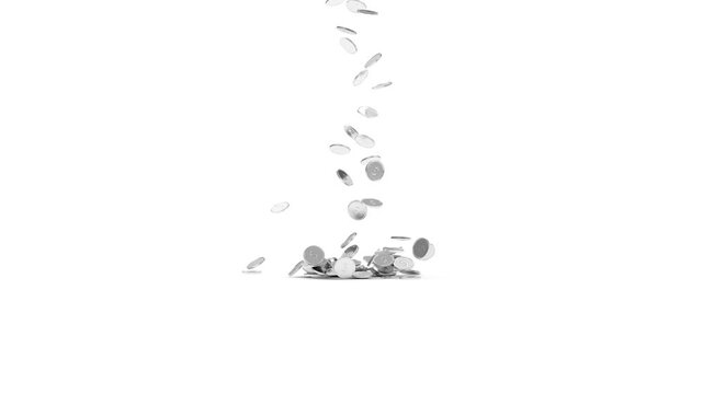 Silver coins rain down and bounce into a growing pile on a clean white background, creating a simple money accumulation concept in motion