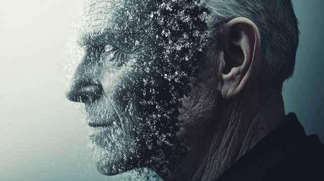 Abstract portrait of an elderly man's face dissolving into digital particles, representing aging, technology, and the ephemeral nature of existence