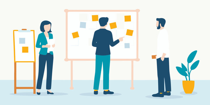 team brainstorming session flat vector illustration people collaboration ideas discussion whiteboard post it notes meeting workplace office strategy planning design graphic art concept creativity