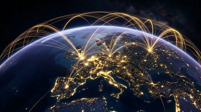 Global network connection lines glowing over the earth planet at night