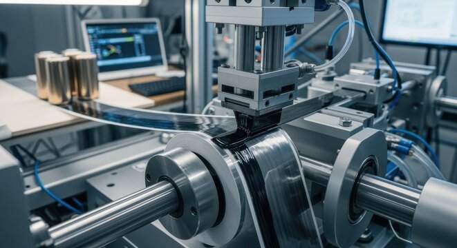 Graphene ink slotdie coating system applying nanomaterial layers on flexible electrode rolls as part of supercapacitor prototype production.