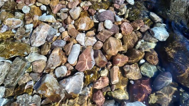 Stones in the crystal clear water of a stream or shallow body of water, viewed from above as a texture or background