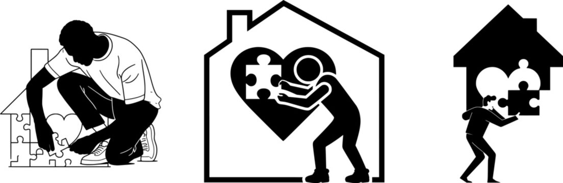 A person in a white t-shirt is assembling a puzzle piece into a house shape on a white background