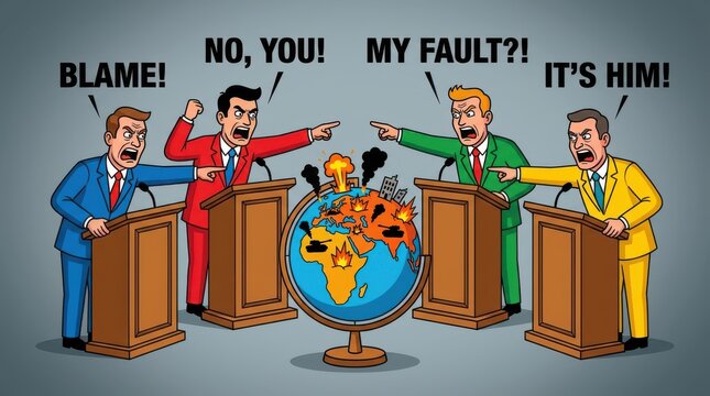 Men in colorful suits representing various countries pointing fingers and blaming others for global problems.