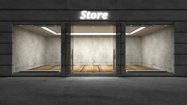 Front view of an empty retail storefront at night as the illuminated store sign turns on and glass entrance doors swing open, revealing a modern interior, 3D animation