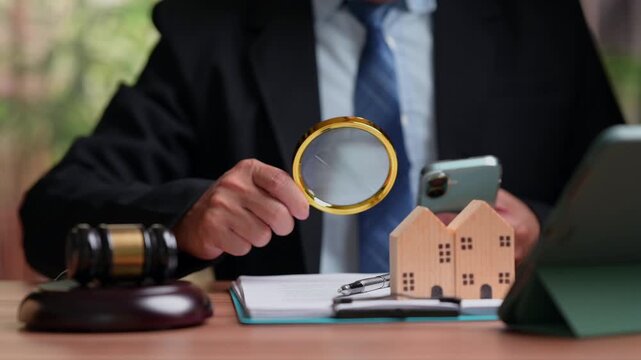 Attorney wearing suit holds magnifying glass examining wooden house models near legal auction gavel inside office, holding smartphone, analyzing real estate property value, investigating housing.