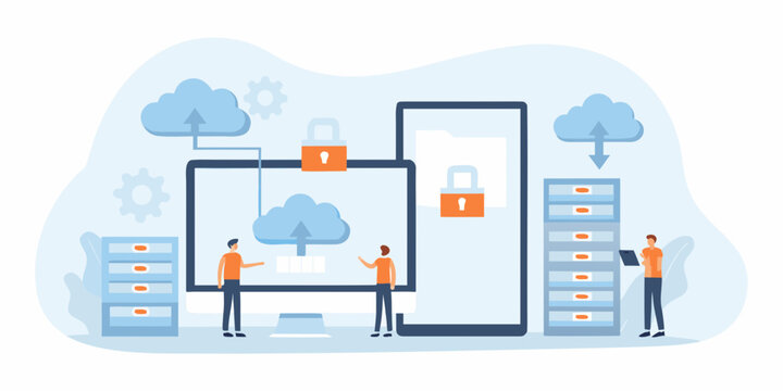 team managing security flat vector illustration people monitor lock cloud servers data protection privacy technology network cyber safety digital workplace collaboration interface icons