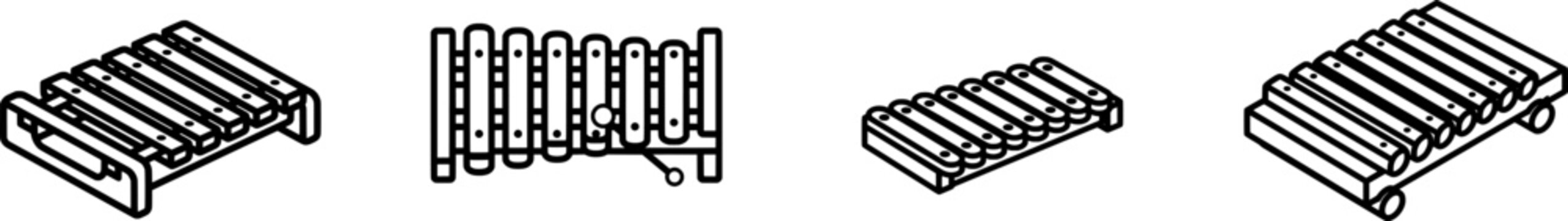 A minimalist black outline xylophone icon with uniform lines stands isolated on a pure white background