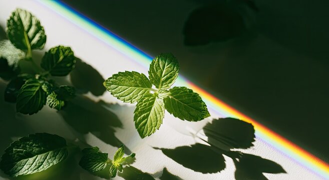 Fresh green leaves bathed in sunlight with a rainbow prism effect