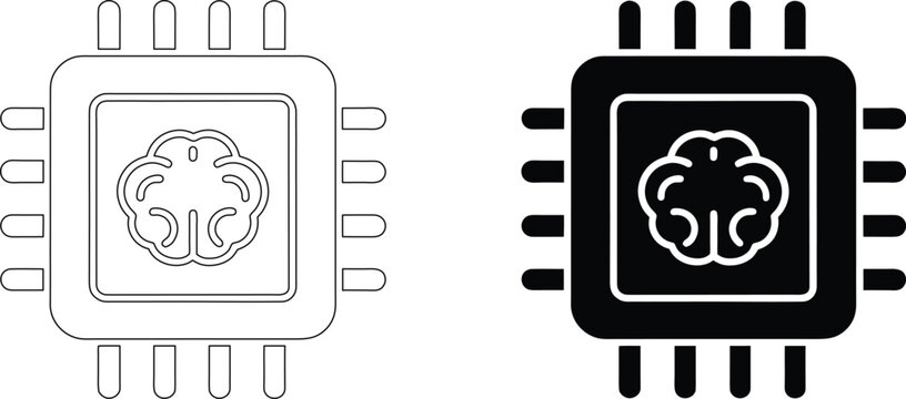 Computer chip icon with brain inside outline and filled silhouette for AI processing.