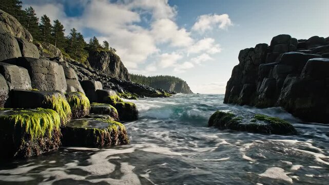 Coastal landscape with dramatic basalt columns covered in green seaweed, gentle waves crashing on a rocky shore, sunny day with clouds