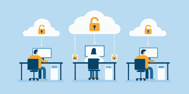 three remote workers at desks with cloud locks flat vector illustration clouds computers workstations people technology security online collaboration teamwork business office digital