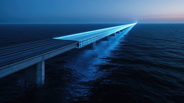 Expansive illuminated causeway stretches across dark ocean under twilight sky