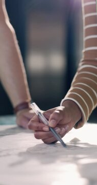 Architecture, team and hands of people with blueprint for building design, floorplan and renovation. Engineering, meeting and workers with paperwork, layout and planning for remodeling project